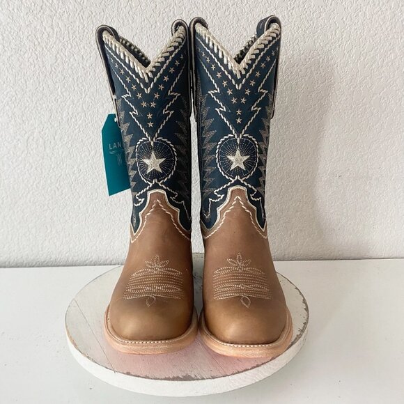 Lane RODEO HOUSTON Mens Cowboy Boots Sz 11 Brown Navy Leather Western Blunt Toe - Picture 5 of 11